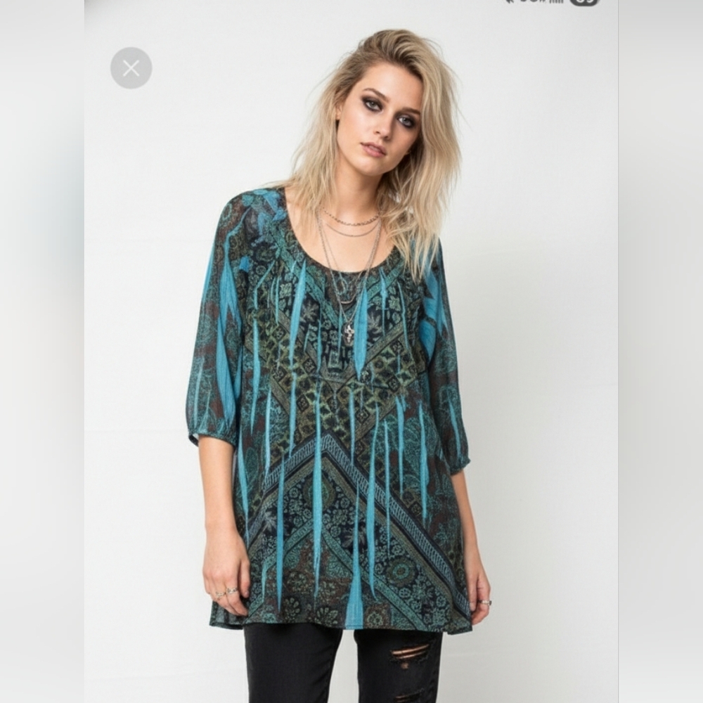 Blue Grunge Blouse Tunic Boho Hippie Festival Retro Sheer 1X